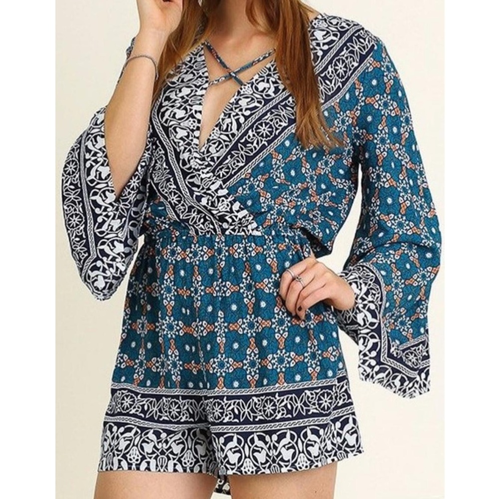 Umgee Blue Floral Bell Sleeve Romper